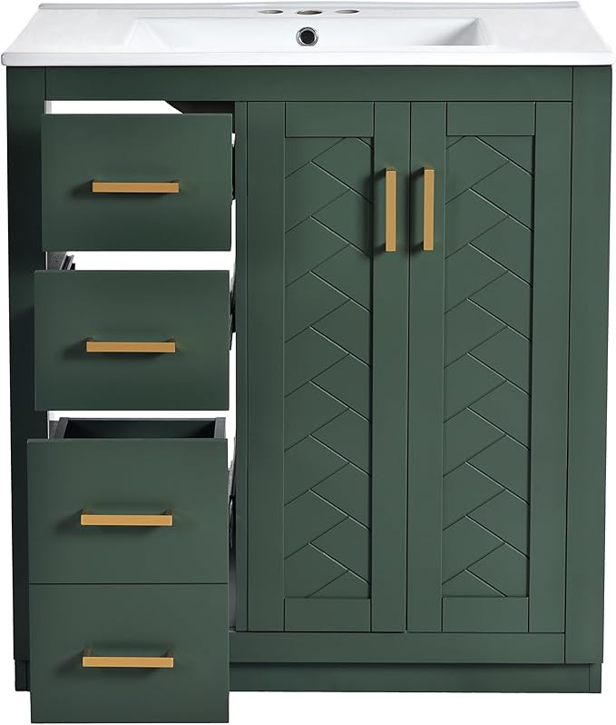 Merax Herringbone Single Sink Bathroom Vanity, Freestanding 30" Modern Bathroom Vanity Storage Cabinet with 3 Drawers and 2 Doors, Solid Wood Frame