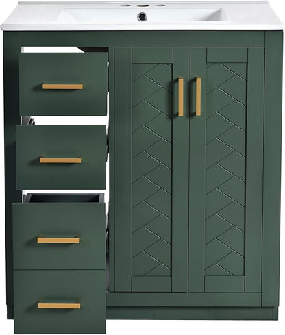 Merax Herringbone Single Sink Bathroom Vanity, Freestanding 30" Modern Bathroom Vanity Storage Cabinet with 3 Drawers and 2 Doors, Solid Wood Frame