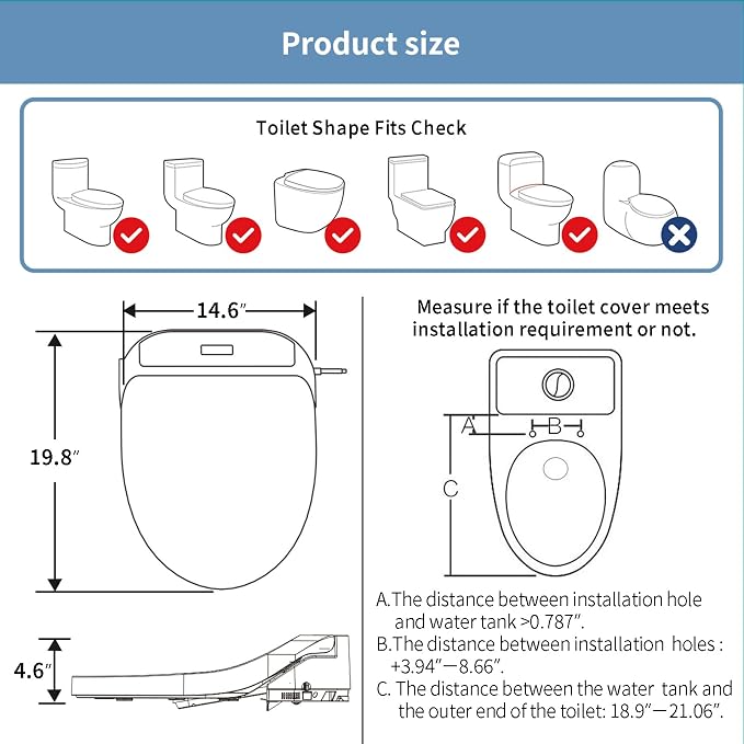 KERDE Electric Toilet Seat, White, Endless Warm Water, Rear and Front Wash, LED Light, Quiet Operation, Wireless Remote,1-click control P30Y.Elongated, for Existing Toilets Bidet