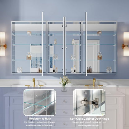 72" x 36" Bathroom Medicine Cabinet with Mirror, Anodized Chrome Aluminum Frame, Surface Mount or Recessed Medicine Cabinet with Mirror, Bathroom Mirror with Storage, Four Doors