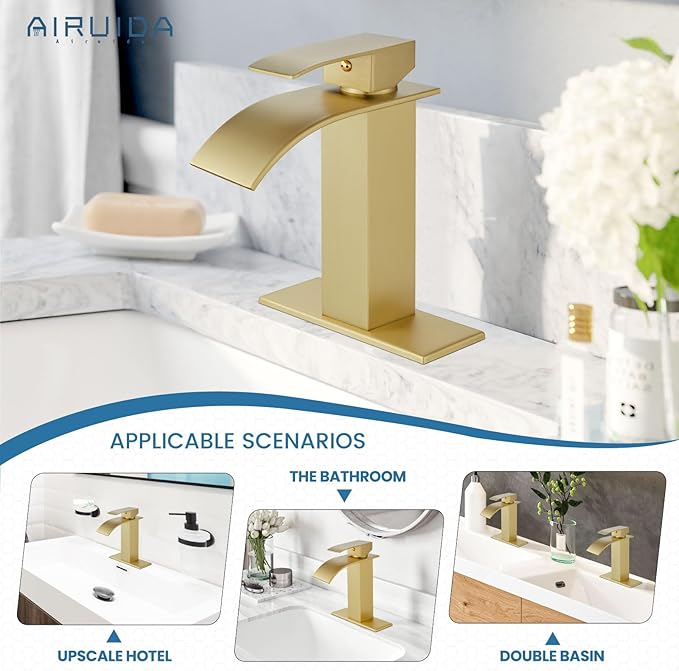 Airuida Brushed Gold Waterfall Spout Single Handle Bathroom Sink Faucet Single Hole Rv Lavatory Vanity Vessel Faucet Basin Mixer Tap with Deck Plate Supply Hoses 1 Hole or 3 Hole