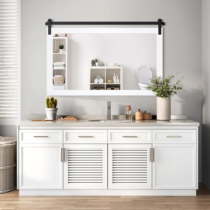 COGOOD Farmhouse Bathroom Mirrors for Over Sink - 30 x 49 Pure White | Rustic Barn Door Wood Framed Vanity Mirror for Entryway, Living Room, Bedroom, Dresser Wall Decor
