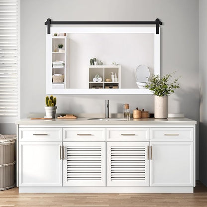 COGOOD Farmhouse Bathroom Mirrors for Over Sink - 30 x 49 Pure White | Rustic Barn Door Wood Framed Vanity Mirror for Entryway, Living Room, Bedroom, Dresser Wall Decor