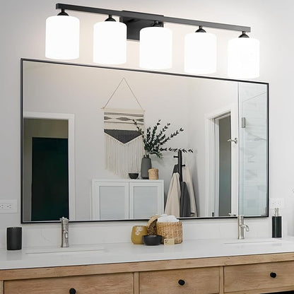 Quntis Black Bathroom Light Fixtures Over Mirror 5 Colors Adjustable, 5-Light LED Bathroom Vanity Lighting with Milky White Frosted Glass Shade, Energy-Saving LED Vanity Light 35.8 inch