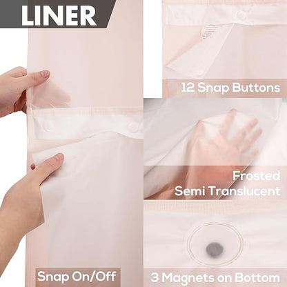 River Dream No Hook Slub Textured Shower Curtain with Snap-in PEVA Liner Set - 71" x 74"(72"), Hotel Style with See Through Top Window, Fabric Outer Curtain & Waterproof Inner Liner, Pink, 71x74