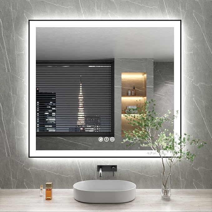 40x36 Inch LED Bathroom Mirror with Black Frame | Black Metal Frame, Front and Backlit, 3 Colors, Dimmable, Memory, Anti Fog, Tempered Glass, Lighted Mirror for Wall