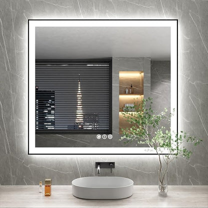 40x36 Inch LED Bathroom Mirror with Black Frame | Black Metal Frame, Front and Backlit, 3 Colors, Dimmable, Memory, Anti Fog, Tempered Glass, Lighted Mirror for Wall