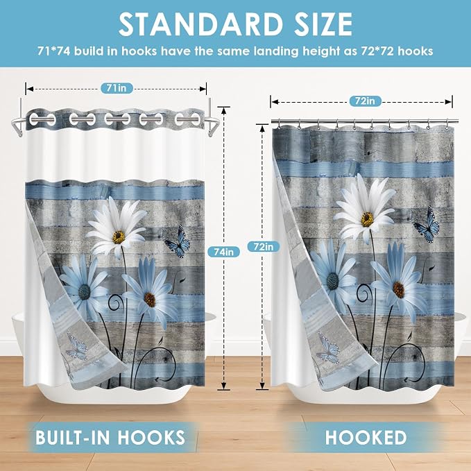 No Hook Shower Curtain with Snap in Liner 71x74 Inch Floral Blue | Farmhouse Rustic Butterfly Modern Double Layers Waterproof Fabric with See Through Top Window Open Grommet Bath Curtain