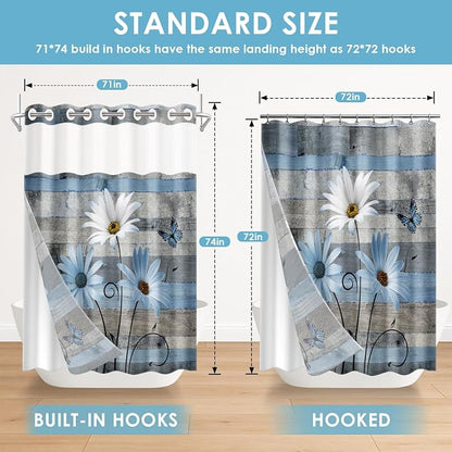 No Hook Shower Curtain with Snap in Liner 71x74 Inch Floral Blue | Farmhouse Rustic Butterfly Modern Double Layers Waterproof Fabric with See Through Top Window Open Grommet Bath Curtain