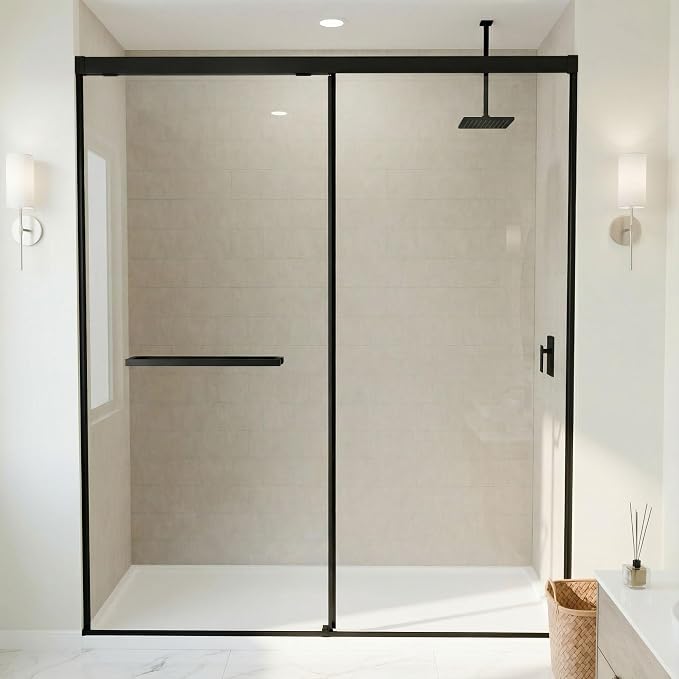 56–60" W x 72" H Semi-Frameless Double Sliding Shower Door | 27.6" Walk-In Opening, 1/4" SGCC Tempered Glass Bypass Door, Matte Black, Reversible Installation