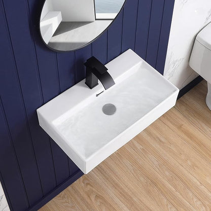 Wall Mount Bathroom Sink 24"x14" Small Vessel Sink Wall Mounted Rectangular Wall Hung Mini White Porcelain Ceramic Floating Tiny Sink with Overflow, Durable, Space-Saving, Ideal for Home,RV