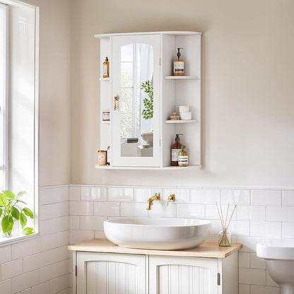 VECELO Bathroom Wall Cabinet with Mirror, Wall Mounted Medicine Cabinets with Door and 6 Open Shelves, Inner Adjustable Shelf, White