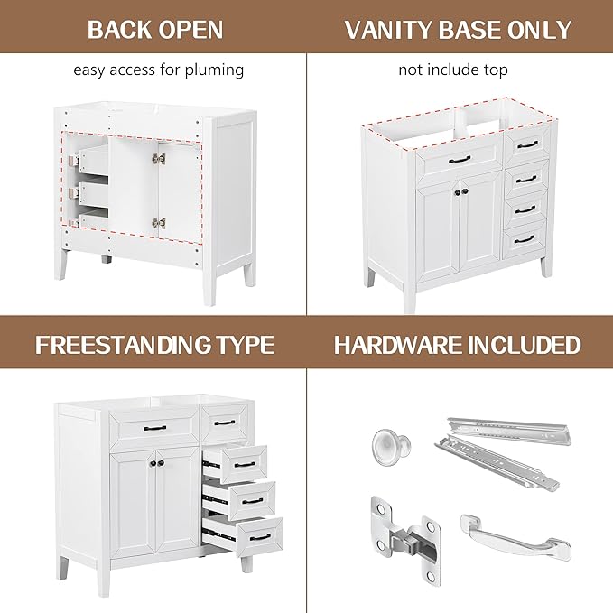 36" Bathroom Vanity Without Sink, Base Only,Solid Wood Cabinets Basin Vessel Set w/Water, Stain Proof,Enclosed Storage Spaces,Eco-Friendly Painting,Easy to Install,White