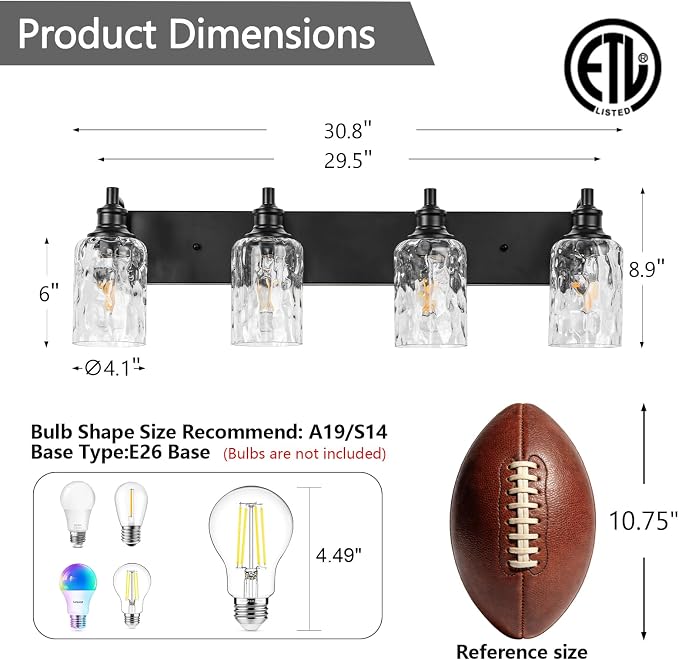 Bathroom Light Fixtures Over Mirror, 4 Lights Vanity Lights with Hammered Glass Shade, 30.8" Matte Black Farmhouse Bathroom Light Fixtures for Bedroom, Porch, Hotel, Mirror Cabinet