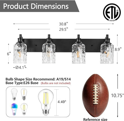 Bathroom Light Fixtures Over Mirror, 4 Lights Vanity Lights with Hammered Glass Shade, 30.8" Matte Black Farmhouse Bathroom Light Fixtures for Bedroom, Porch, Hotel, Mirror Cabinet