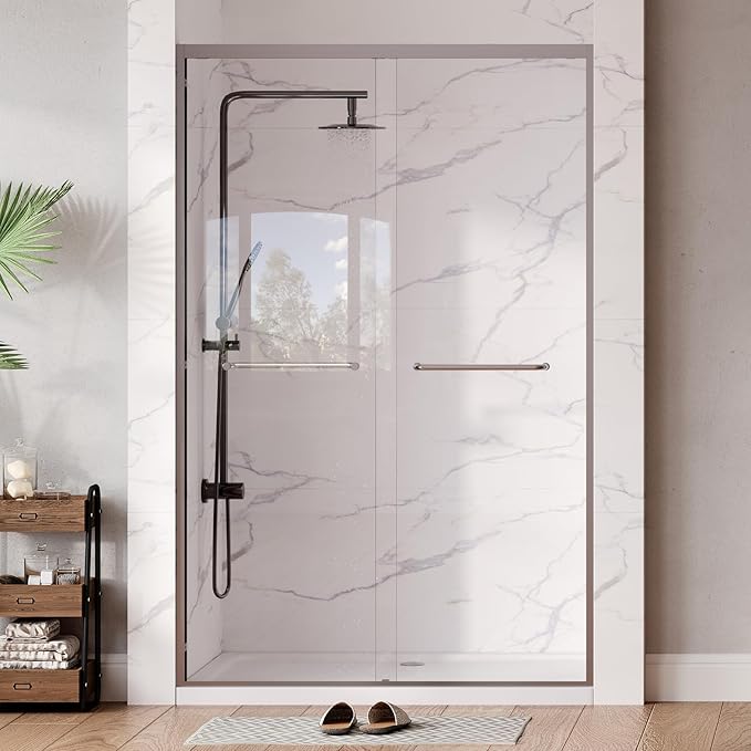 Garvee 43-48" W x 72" H Sliding Shower Door, 1/4" Tempered Glass | Trim-to-fit 43-48" openings, 6mm tempered safety glass with coating resists stains & leaks, DIY-install with smooth glid