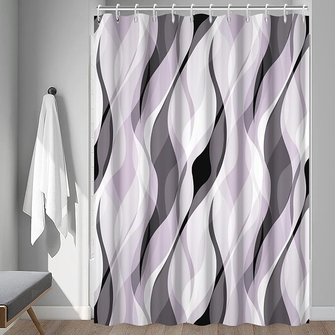 Lavender Shower Curtain, Modern Purple and Grey Striped Shower Curtain Set for Bathroom Waterproof Polyester Shower Curtain with Hooks, 72x72 Inch