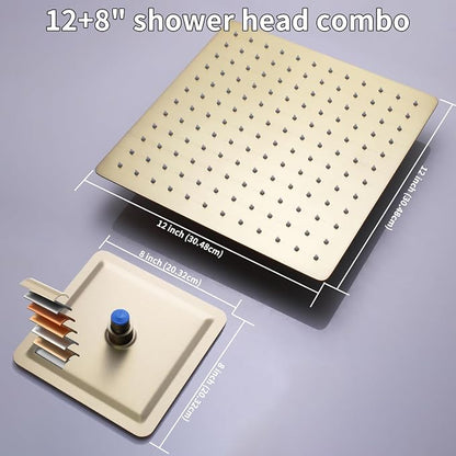 Shower Faucet Set Brushed Gold Shower System with 2 Rain Shower Head(12+8 inch) and Handheld Spray, 3 Function Temperature Display Shower
