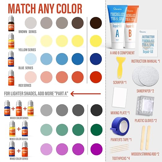 Tub Repair Kit (Color Match), for Fiberglass Shower, Acrylic Bathtub | For Chips, Cracks, Holes & Rust on Porcelain Sink, Tile, Enameled Cast Iron Tub Surround & Shower Pan Repair, White, Almond