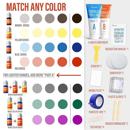 Tub Repair Kit (Color Match), for Fiberglass Shower, Acrylic Bathtub | For Chips, Cracks, Holes & Rust on Porcelain Sink, Tile, Enameled Cast Iron Tub Surround & Shower Pan Repair, White, Almond