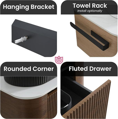 24" Preassembled Floating Bathroom Vanity with Black Sink, Walnut | Mid-Century Modern Style, Fluted & Soft-Close Drawer with U-shaped Wall, Sinterted Stone Countertop, Towel Rack Included