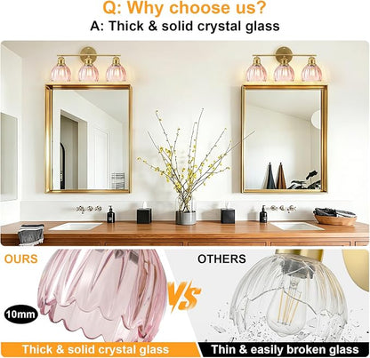 Bathroom Light Fixtures, 3-Light Brushed Gold Vanity Lights for Bathroom with Pink Tulip Glass Shade, 20" Vintage Bathroom Vanity Lighting Fixtures Over Mirror for Bedroom Living Room Hallway
