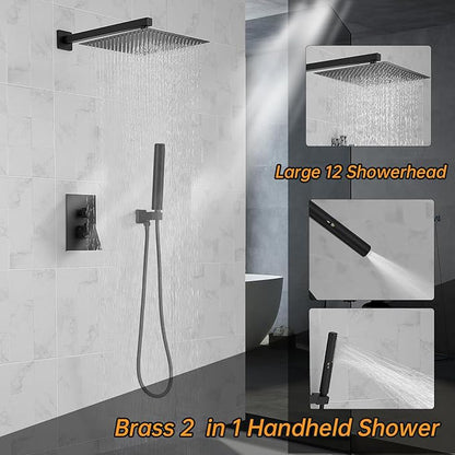 Hoimpro 12'' Rain Shower Head Shower Faucet Set with Handheld Sprayer Black | Stainless Steel Rainfall Shower Head, Shower System Fixture Combo, Square, High Pressure Vlave Trim Kit, Wall Mounted, Matte
