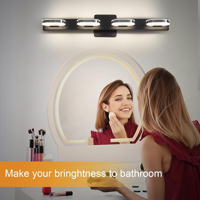 Myhaptim Modern LED 4 Lights Vanity Light for Bathroom Modern Vanity Light Fixture Wall Sconce 26 Inch Natural White Light (Black)