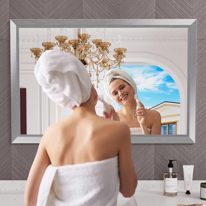 Bathroom Mirror for Wall, 48x32 Inch (Brushed Silver) | HD Reflection, Tempered Glass, Thick Metal Framed Rectangle Mirrors for Over Sink, Bedroom, Living Room, Entryway, Anti-Rust