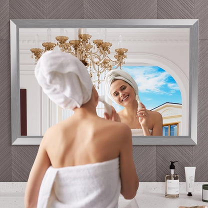 Bathroom Mirror for Wall, 48x32 Inch (Brushed Silver) | HD Reflection, Tempered Glass, Thick Metal Framed Rectangle Mirrors for Over Sink, Bedroom, Living Room, Entryway, Anti-Rust