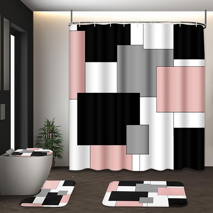 Bathroom Sets with Shower Curtain and Rugs, 4 Pcs, Geometric Pink | Checkered Modern Abstract Bathroom Decor Set with Toilet Lid Cover, Non-Slip Bath Mats and 12 Hooks