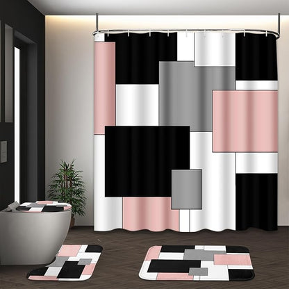 Bathroom Sets with Shower Curtain and Rugs, 4 Pcs, Geometric Pink | Checkered Modern Abstract Bathroom Decor Set with Toilet Lid Cover, Non-Slip Bath Mats and 12 Hooks