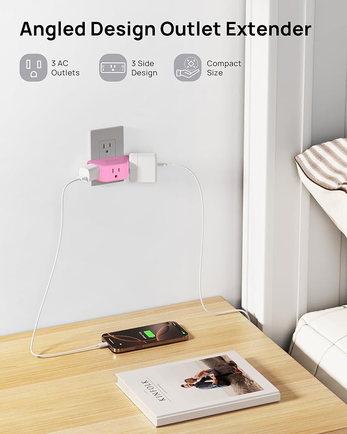TROND Pink Outlet Extender with 3-Prong Grounded Sockets, for Tight Spaces | 3 Way Angled Plug Splitter, Compact and Practical Multiple Wall Expander for Home Travel Cruise Essentials