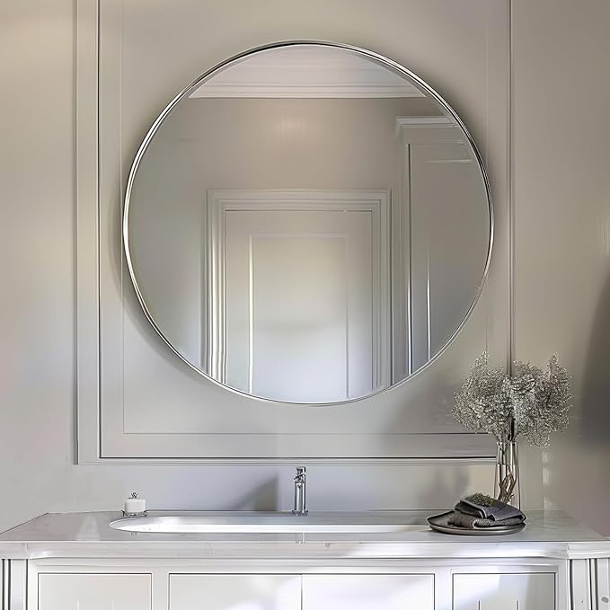 18 inch Round Mirror, Round Wall Mirror, Brushed Silver Metal Frame | Durable, Rust-resistant, High Definition Mirror, Easy Installation, Suitable for Vanity, Nursery, Bedroom, Bathroom