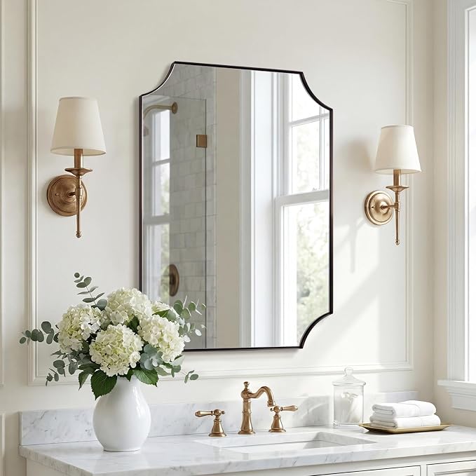 Bronze Mirror 22"x30", Brushed Bronze Scalloped Bathroom Mirror, Rectangle Wall Mirror in Premium Stainless Steel Metal Thin Frame, Hangs Vertically or Horizontally