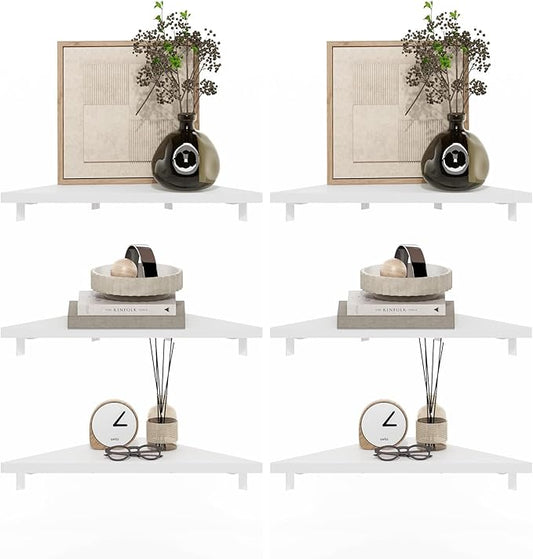 Furinno Rossi Triangle Corner Floating Shelves, Wall Mount Display Shelf, White, Set of 3 (Pack of 2)