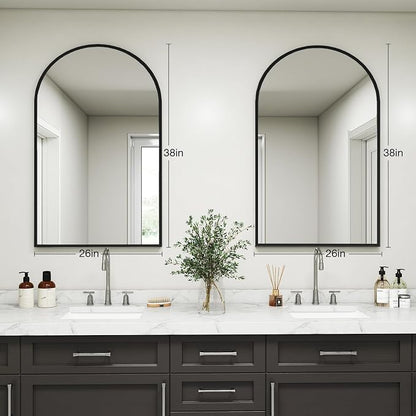 NEWBULIG 26"X38" Arched Bathroom Mirror for Over Sink, Wall Vanity Mirror | Tempered Glass, Anti-Rust Arched Metal Framed, Hanging or Leaning, Farmhouse Home Decor, Black
