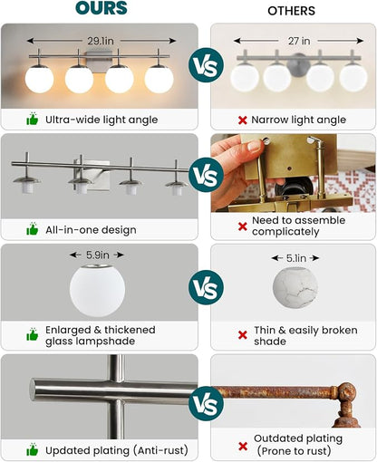 AIJIASI Bathroom Vanity Light, 4-Light Brushed Nickel Vanity Lights, 30.7 Inch Modern Bathroom Light Fixtures with Milky White Glass Globe Shade, Vanity Lighting Fixtures Over Mirror Wall Sconce