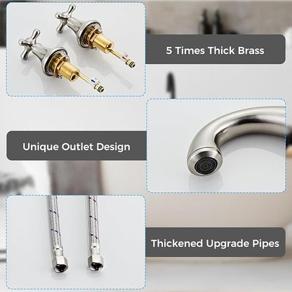 Vintage Widespread Bathroom Faucet - 2 Handle 3-Hole Sink Faucet Brushed Nickel Brass, Drip-Free Ceramic Disc Cartridge, Adjustable 8 to 16 Inch Installation