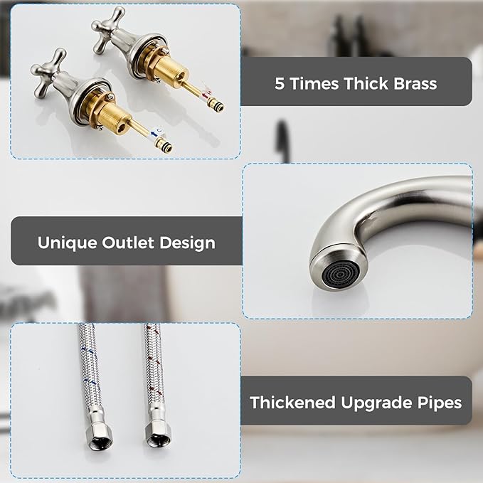 Vintage Widespread Bathroom Faucet, Brushed Nickel 3-Hole Sink Faucet with Drain Assembly, Solid Brass, Drip-Free Ceramic Cartridge, Adjustable 8-16 Inch Installation