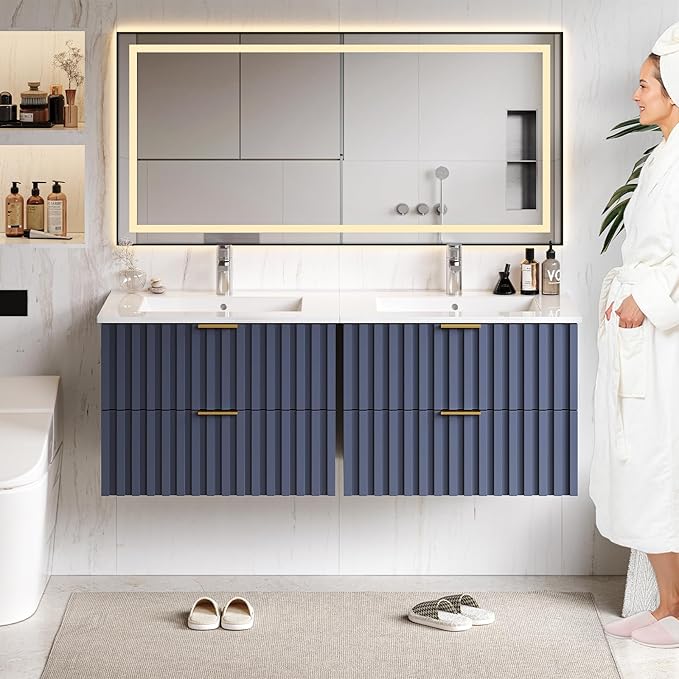 ONBRILL 24 Inch Bathroom Vanity with Sink Combo, Floating Bathroom Vanity with 2 Fluted Drawers & Metal Handle, Modern Wall Mount Storage Cabinet with Ceramic Integrated Sink for Small Space (Blue)