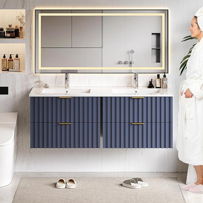 ONBRILL 24 Inch Bathroom Vanity with Sink Combo, Floating Bathroom Vanity with 2 Fluted Drawers & Metal Handle, Modern Wall Mount Storage Cabinet with Ceramic Integrated Sink for Small Space (Blue)