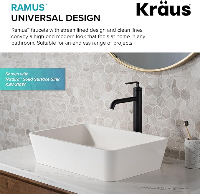 KRAUS Ramus Single Handle Vessel Sink Bathroom Faucet with Pop-Up Drain in Matte Black, KVF-1220MB