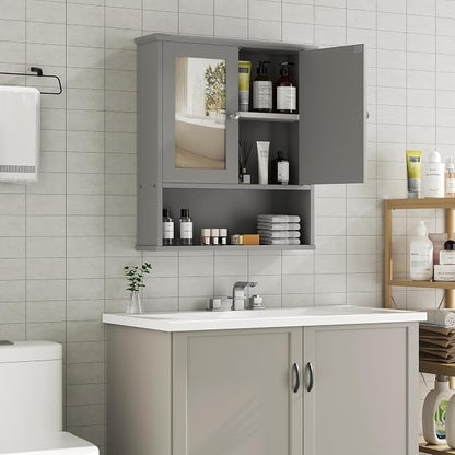 Shintenchi Bathroom Medicine Cabinet with Mirror, Wall Mounted, Gray | Over The Toilet Cupboard, Adjustable Shelf, Open & Concealed Storage, 2 Magnet Doors, Space-Saving, Easy to Clean