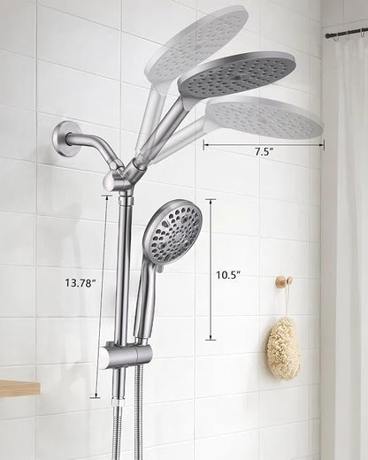 PDPBath High Pressure Rainfall Shower Head with Handheld Combo, 10 Setting Handheld Shower Head, Dual Handheld Shower Head Combo with Slide Bar for Easy Reach, Brushed Nickel