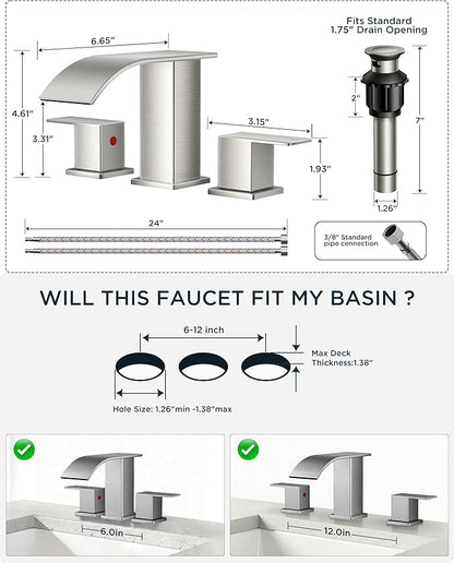 FORIOUS Waterfall Bathroom Faucets 3 Hole, 8 Inch Widespread Brushed Nickel Square Bathroom Sink Faucet with Metal Pop-up Drain and cUPC Hose, Two Handles for Vanity, RV, Farmhouse
