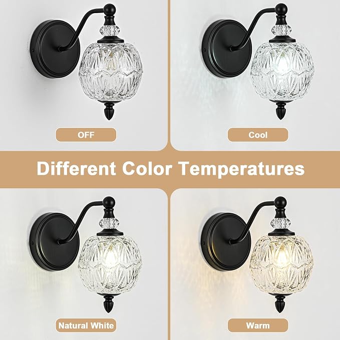 1 Piece Matte Black Wall Sconce, 1-Light Mid Century Farmhouse Style Wall Sconce with Globe Glass Shade, Retro Light for Bathroom, Bedroom, Living Room, Powder Room