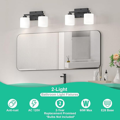 Honesorn Bathroom Light Fixtures Black, 2-Light Vanity Lights Over Mirror | Modern Bathroom Vanity Light with Milky White Frosted Shades, Wall Mounted Bathroom Lights, E26 Socket (Bulbs Not Included)