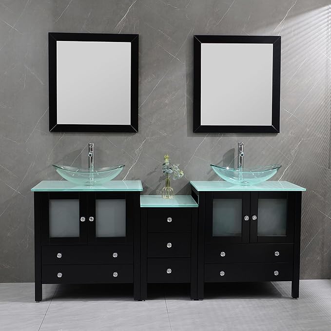 76" Freestanding Wooden Modern Bathroom Vanity with Double Vessel Sink Set Bathroom Mirror Included
