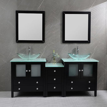 76" Freestanding Wooden Modern Bathroom Vanity with Double Vessel Sink Set Bathroom Mirror Included